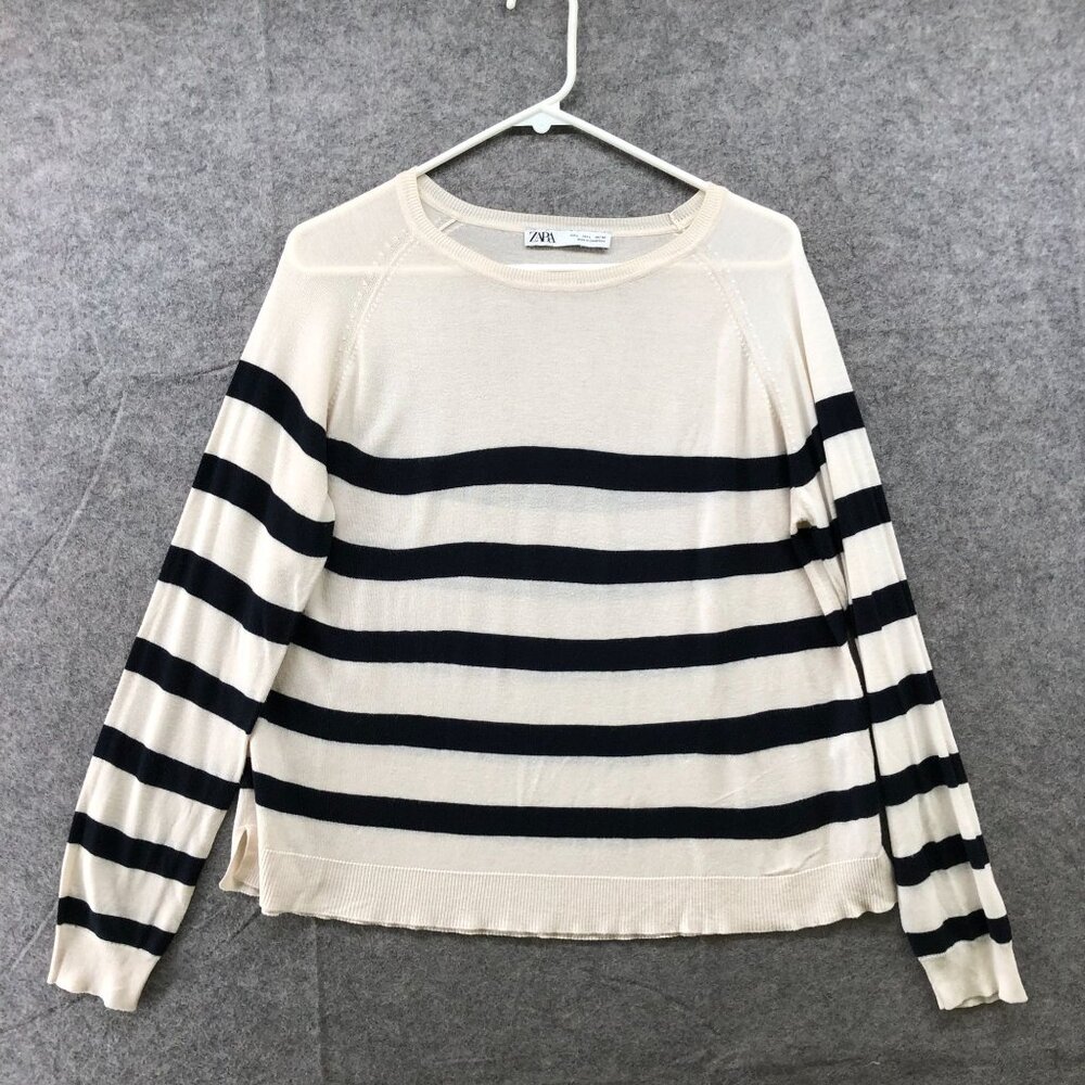 Zara Lightweight Sweater Womens L Ivory Navy Striped Thin Crewneck Side Vents